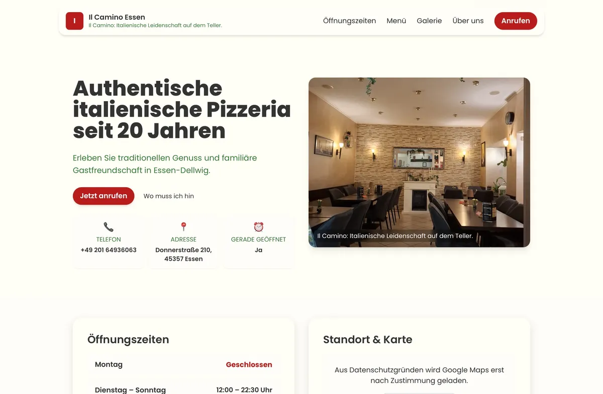 Echte Restaurant-Website von Il Camino Essen – erstellt von Meet The Menu